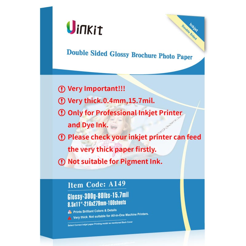 Uinkit 100 Sheets 8.5x11 Letter Size Thick Heavyweight Photo Paper Double Sided Glossy Cardstock 80LB 300Gsm 15.7Mil Brochure, Only for professional Inkjet Printer and Dye Ink (100) - Image 1
